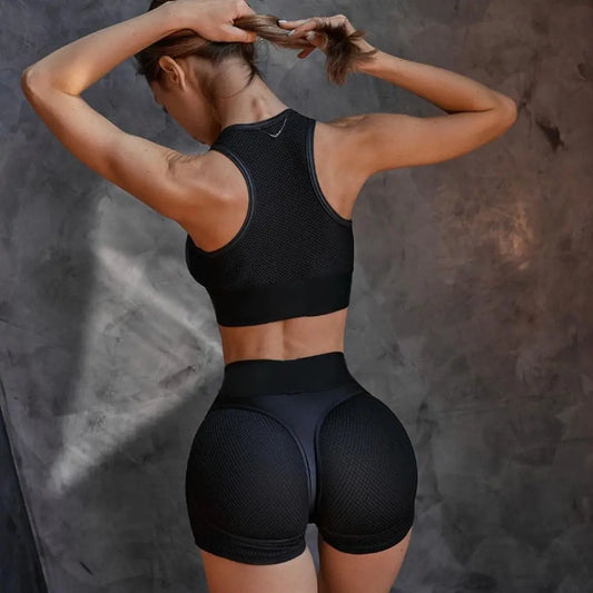 Women's Quick-Dry Mesh Gym Set - Black Sports Bra and Shorts Set Flexcore Fitness
